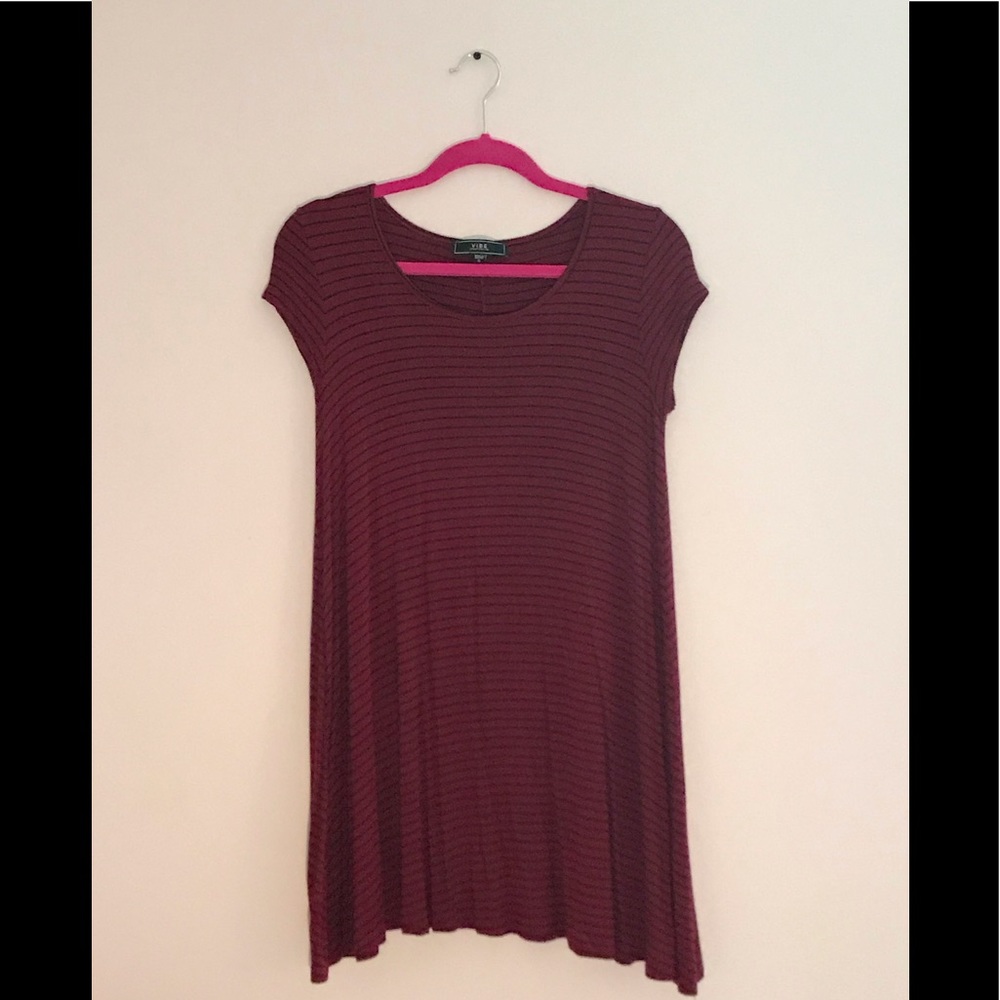 Burgundy T-shirt Dress with Black Stripes